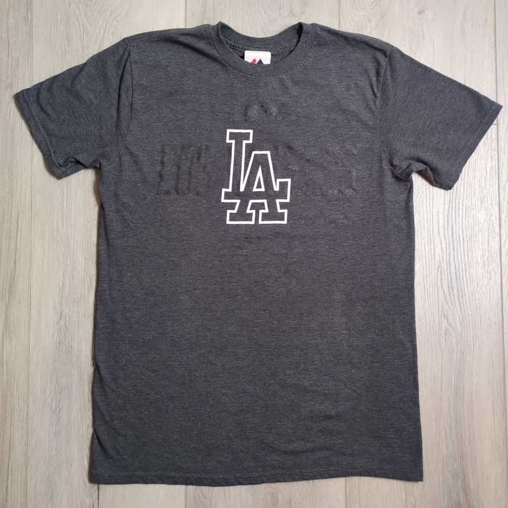 Los Angeles Dodgers Shirt Mens Medium Gray White LA MLB Logo Majestic Spell Out